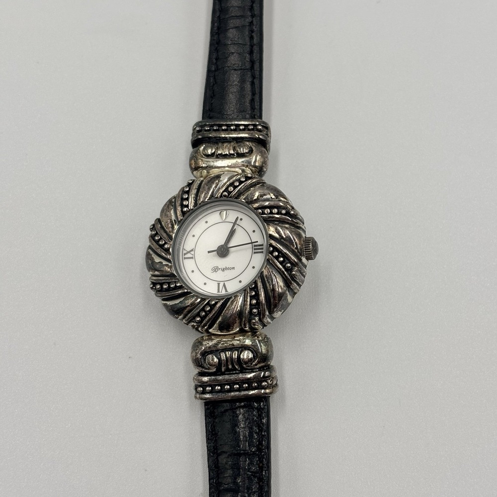 Brighton Verona Silver Tone Swirl Case Leather Strap Watch Japan Movement